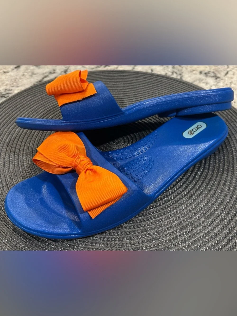 OKA b. Blue with Orange Bow Madison Slide Sandals